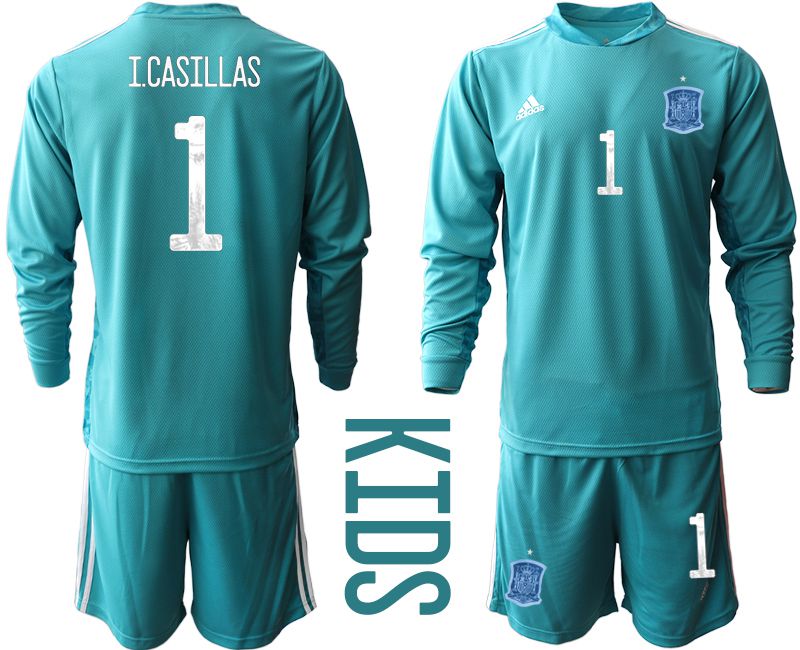 Youth 2021 World Cup National Spain lake blue long sleeve goalkeeper #1 Soccer Jerseys1->spain jersey->Soccer Country Jersey